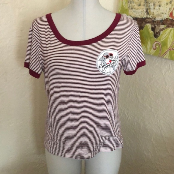 Summer Vibes Shark Maroon Burgundy White Stripe Ringer Graphic Tee Shirt Top NWT - Picture 1 of 7
